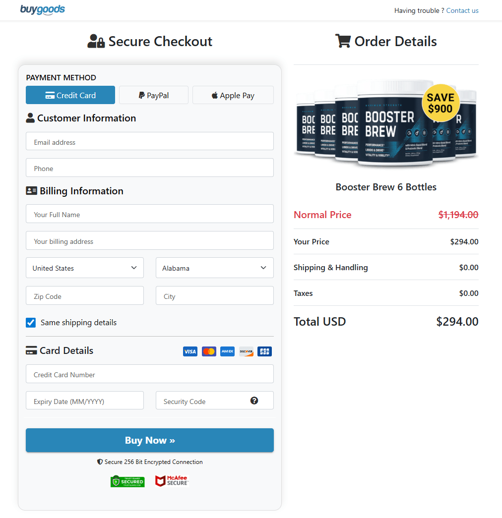 Booster Brew order checkout page